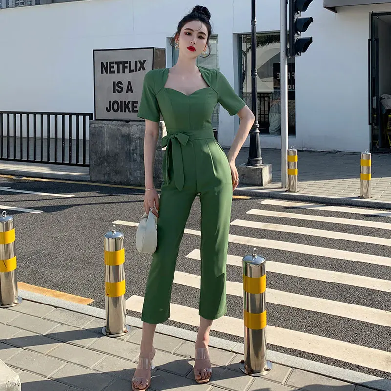 Female Jumpsuit Fashion Summer Professional Ladies Short Sleeve Straight Overalls Women Lace Up High Waist Slim Jumpsuits