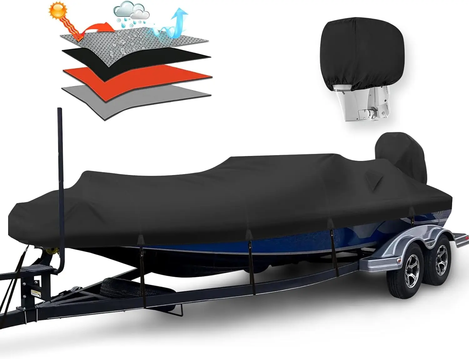 1200D PU Waterproof Boat Cover, 16'-18.5' Trailerable Marine Grade Polyester Canvas, Fits 16-18.5ft V-Hull, Bass Boat