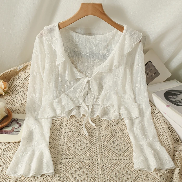8k90 white ruffle bell sleeve cardigan