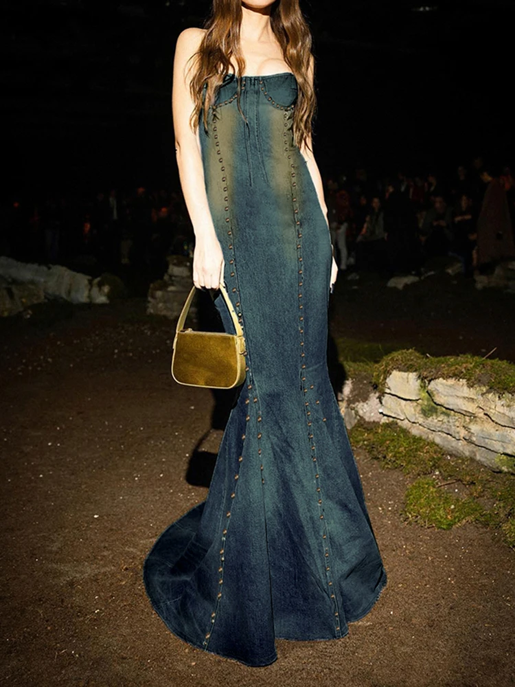 

Fashion Party Trumpet Mermaid Maxi Dresses Retro Rivets Quality Cotton Elastic Denim Ladies Ballroom Evening Dress Y2K