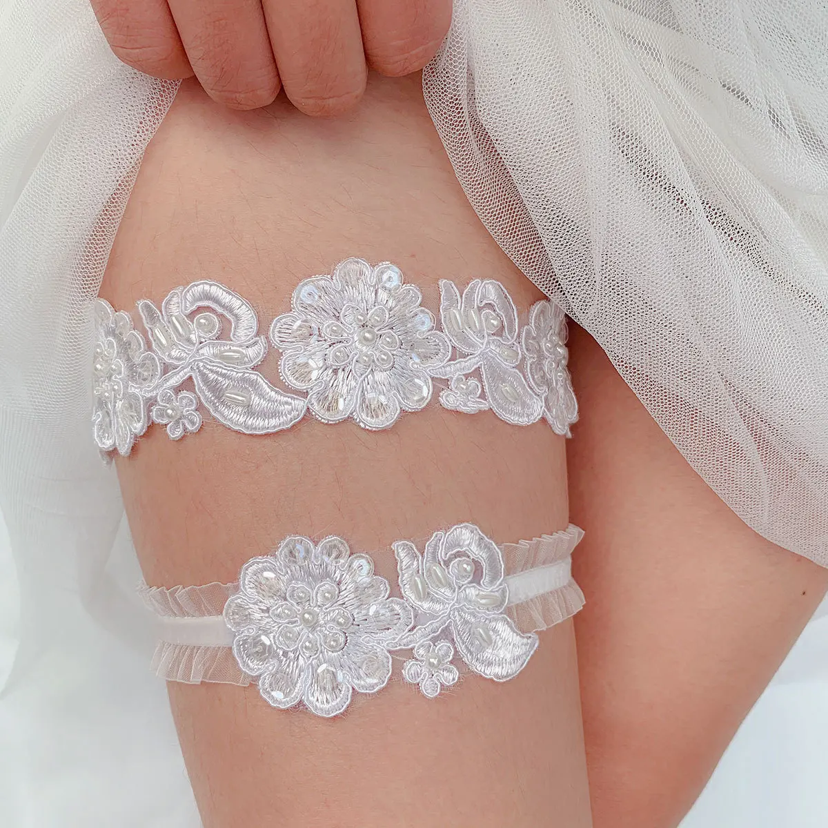 Conjunto de ligas de encaje blanco, ligas de novia de boda, banda de pierna  de mariposa, perlas, liguero para mujer, fiesta de boda