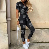 2025 New Women's Jumpsuit Casual Workwear Summer Romper with Print Button-up Lapel Waist Belt Slim Fit One Piece Pants Set Fashi