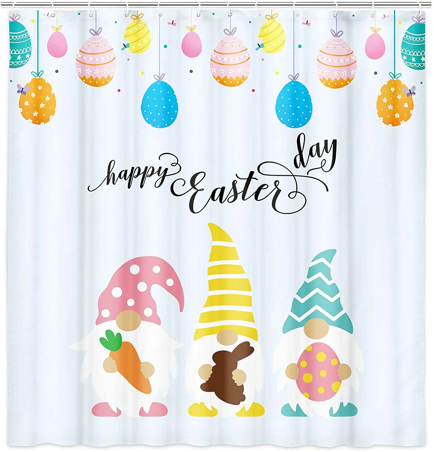 

Happy Easter Shower Curtain Cartoon Colorful Eggs and Cute Gnomes Fabric Bathroom Bath Curtains Set with Hooks