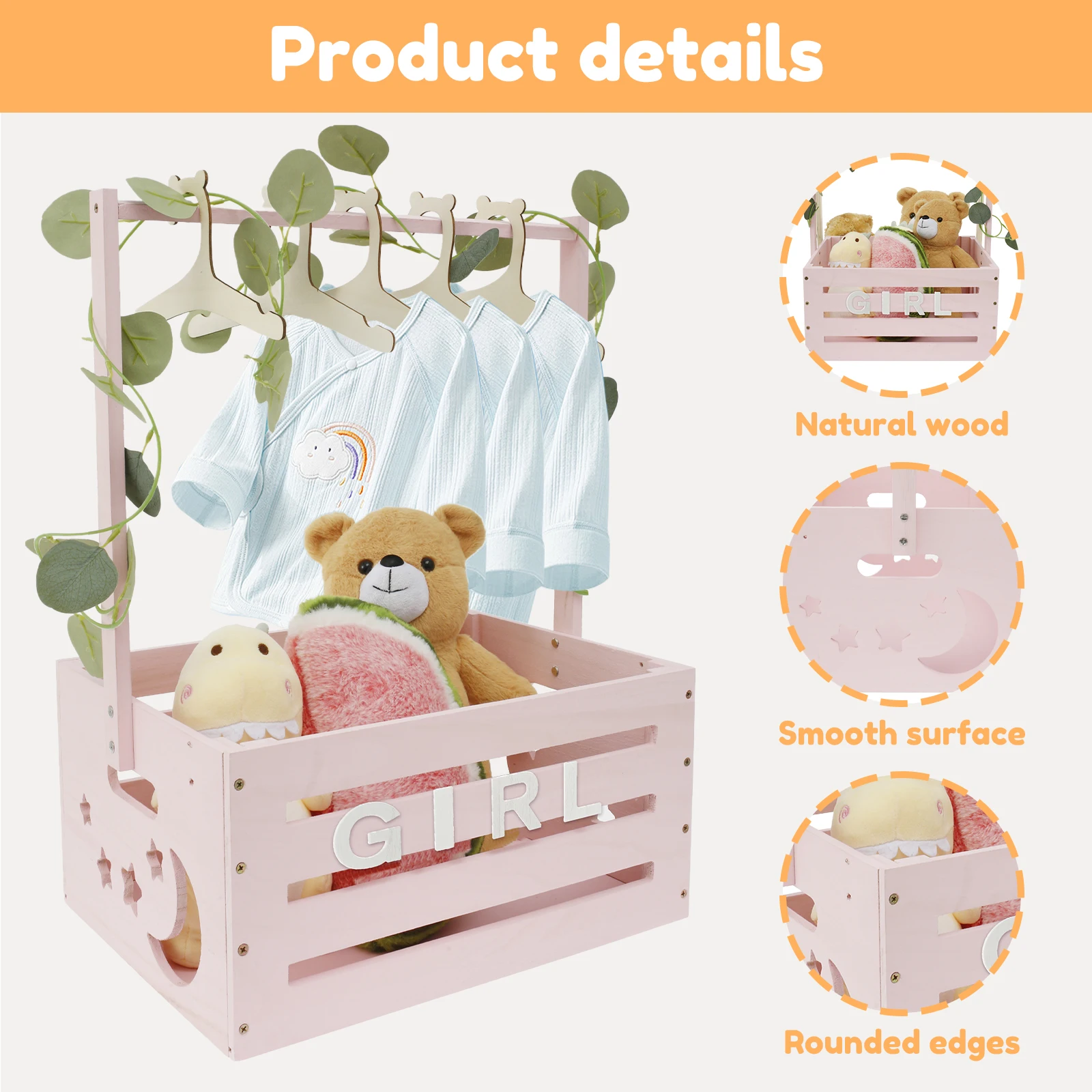 Wood Baby Shower Storage Basket Portable Newborn Baby Basket Decorative Baby Storage Crate with Handle for Boys Girls New Parent 5