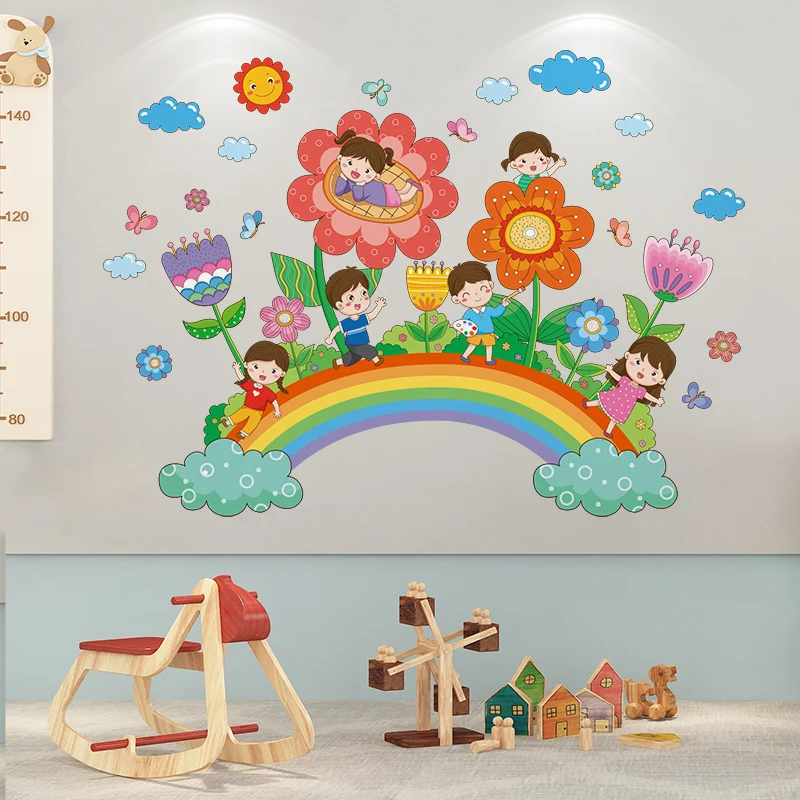 

Мультяшные детские настенные наклейки, Декор, виниловые «сделай сам», цветы, радуга, роспись, наклейки для детской комнаты, спальни, детской комнаты, украшение для дома