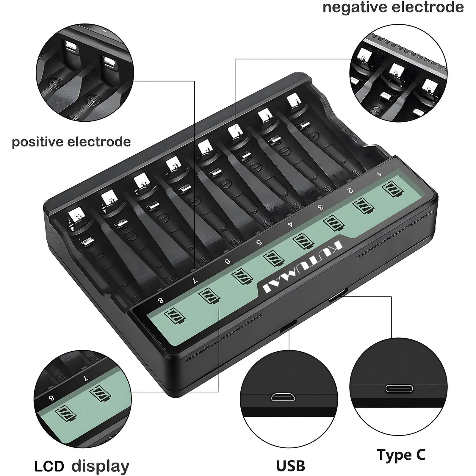 LED 디스플레이 및 USB 포트 배터리 충전기, Ni-MH Ni-Cd 배터리용 고속 충전, 배터리 미포함, 1.2V AA, AAA, 8 슬롯