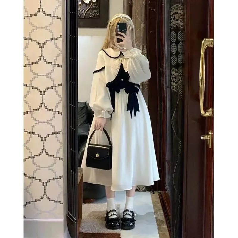 

MAGOGO Elegant White Lolita Dress Set Women Long Sleeve Doll Collar Coat + Cute Bow Midi Dress Japanese Sweet College Outfit