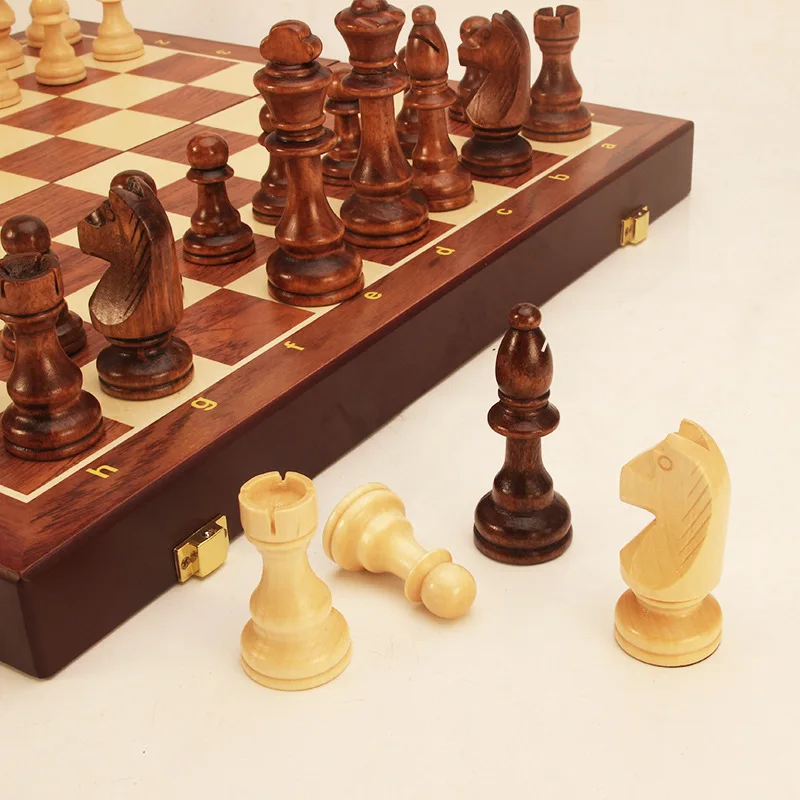Wooden Chess Set Folding Chess Box With 34 Pieces Interior For Storage Portable Travel Board Game Set For Kid