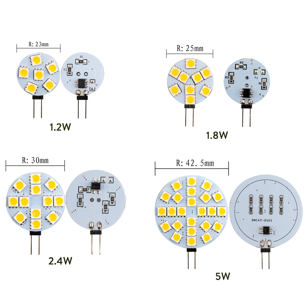 5 PCS Mini G4 LED Bulbs DC 12V 5050 SMD 1.2W 2.4W 5W 120 Degree bi-pin Cold Warm White Halogen Replacement Lamp