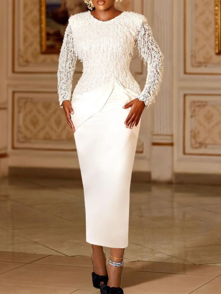 Women White Dresses Formal Long Sleeve Crew Neck Tassels Lace Stitching Midi Dress Evening Gown Spring 2023 Vestido Feminino