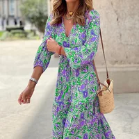 Robes bohème mi-longues pour femmes, nouvelle mode imprimée, Sexy, col en v, manches longues, taille haute, taille élastique, été 5