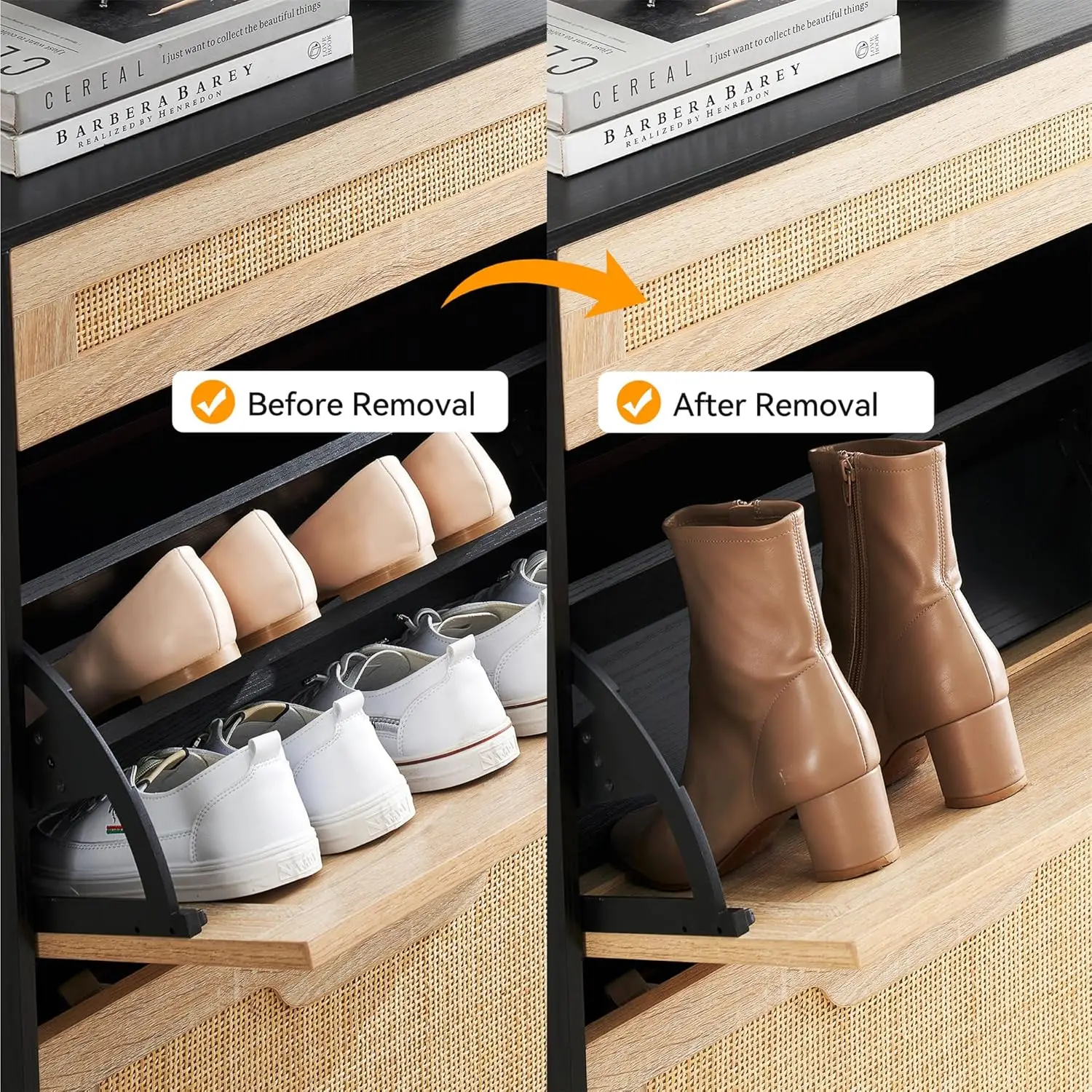 GAOMON Rattan Shoe Storage Cabinet with 3 Flip Door and 1 Drawer, Freestanding Shoe Organizer Rack for Entryway, Hidden Shoe 5