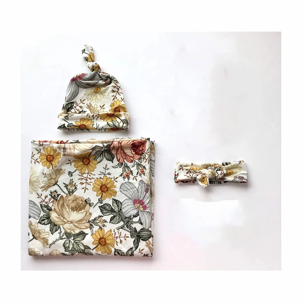 Ylsteed 3 Piece Set Floral Newborn Wrap for Photo Shooting Swaddle Wrap with Hat And Bow Headband Infant Photography Props 6