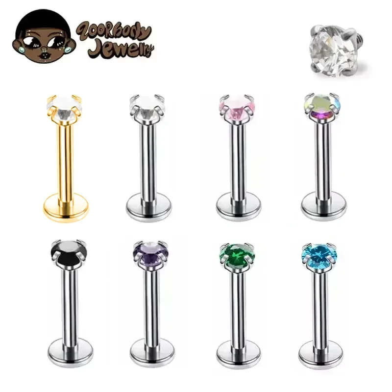 Body jewelry 1Pcs G23 Titanium Piercing CZ Gem Internally Threaded Labret Monroe Lip Ring Tragus Nail Helix Earring Stud 16G 18G Body Jewelry