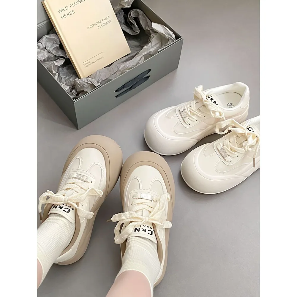 Round Toe Fashion Women Casual Shoes for Spring 2024 Thick Soled Height Women Shoes Leather Pleated Lace-up Board Shoes 24-204
