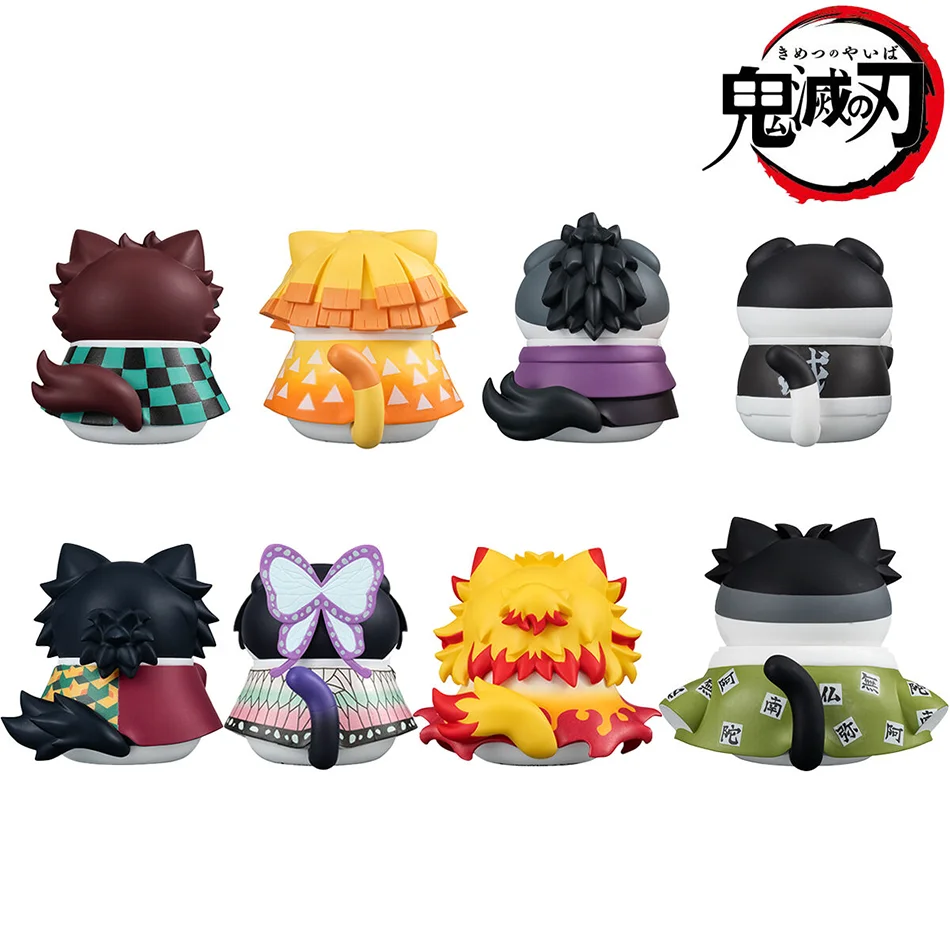 8pcs Q Version Demon Slayer Sitting Ghost Doll Tanjiro Nezuko Inosuke Zenizu Toy Figure Lucky Cat Series PVC Model Birthday Gift