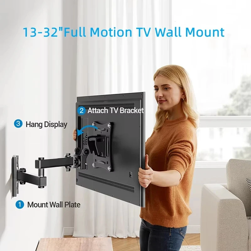 풀 모션 TV 모니터 벽걸이 브래킷, 각도 조절 암, 회전, 틸트, 연장 기능, 대부분의 10-32인치 평면/곡면 TV용