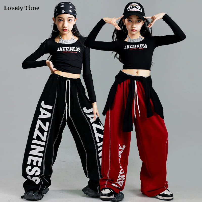 Girls K-pop Crop Top Sweet Letters Sport Joggers Pants Child Hip Hop Streetwear Clothes Sets Kids Stage Girl Group Jazz Costumes 5