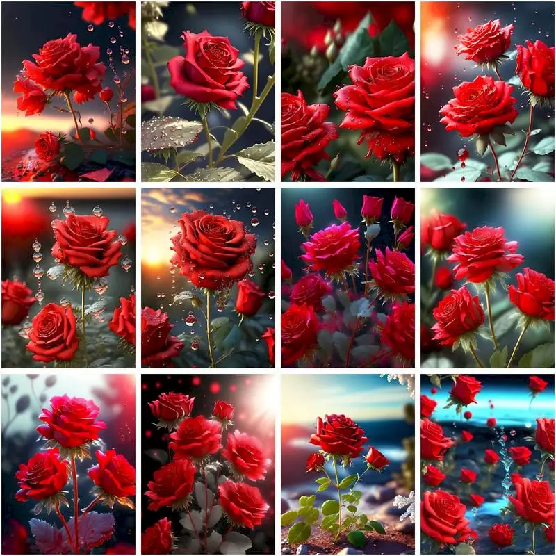 

CHENISTORY Oil Picture By Number Red Rose Acrylic Painting By Numbers Flowers On Canvas For Adults Home Decoration Gift 50x65cm