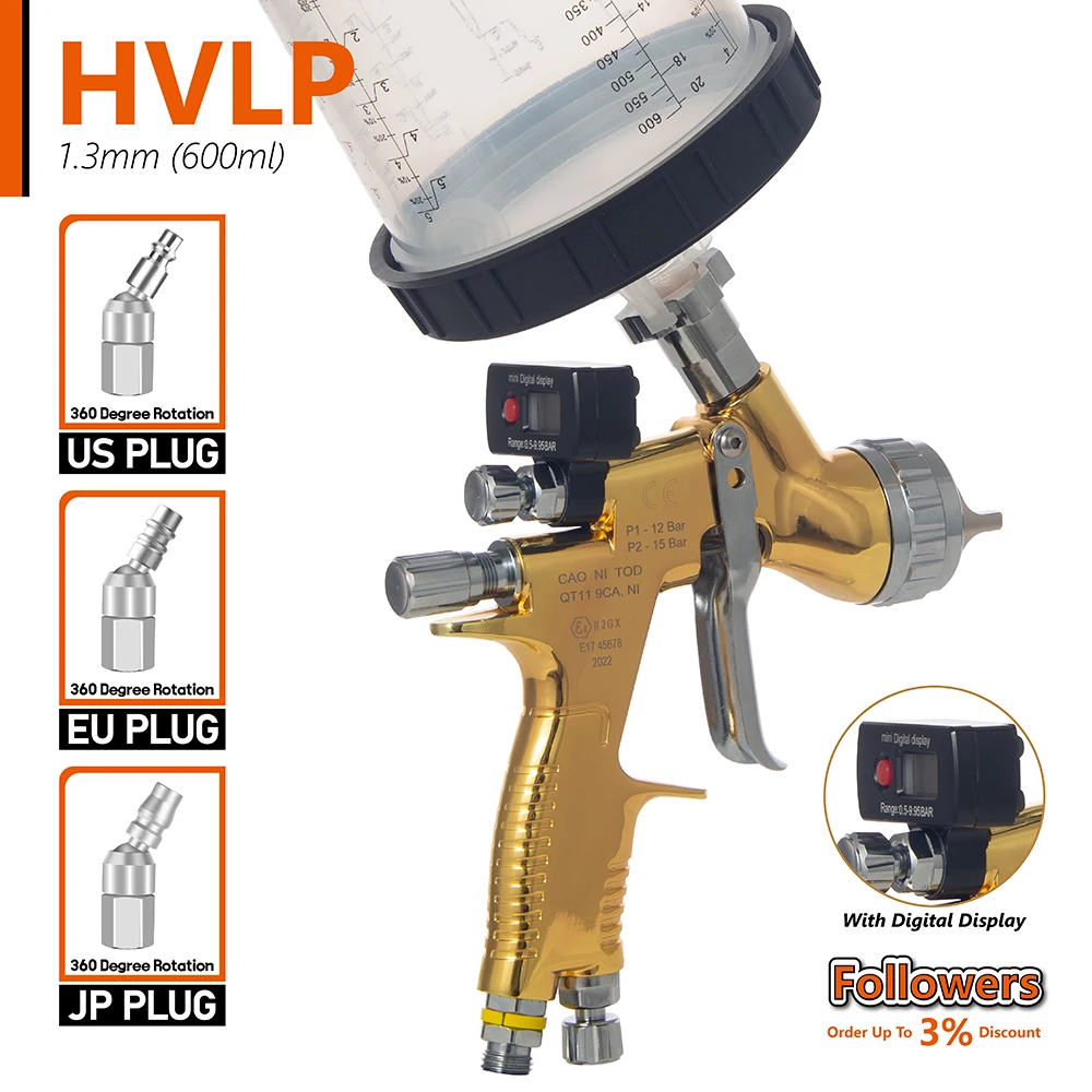 HVLP With Digital Display High Atomization Pneumatic Spray Gun Automobile Body Metal Finish Home Repair Spray Gun Nozzle 1.3mm