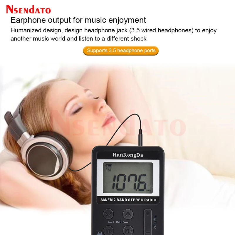HRD-103 2 Band AM FM Digital Stereo Radio Receiver Portable Pocket Mini Radio With Headphones LCD Screen Rechargeable Battery