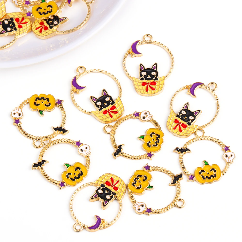 

10Pcs/Lot Cute Alloy Enamel Cattoon Round Halloween Cat Pumpkin Charms For Jewelry Making DIY Earrings Keychain Metal Charms
