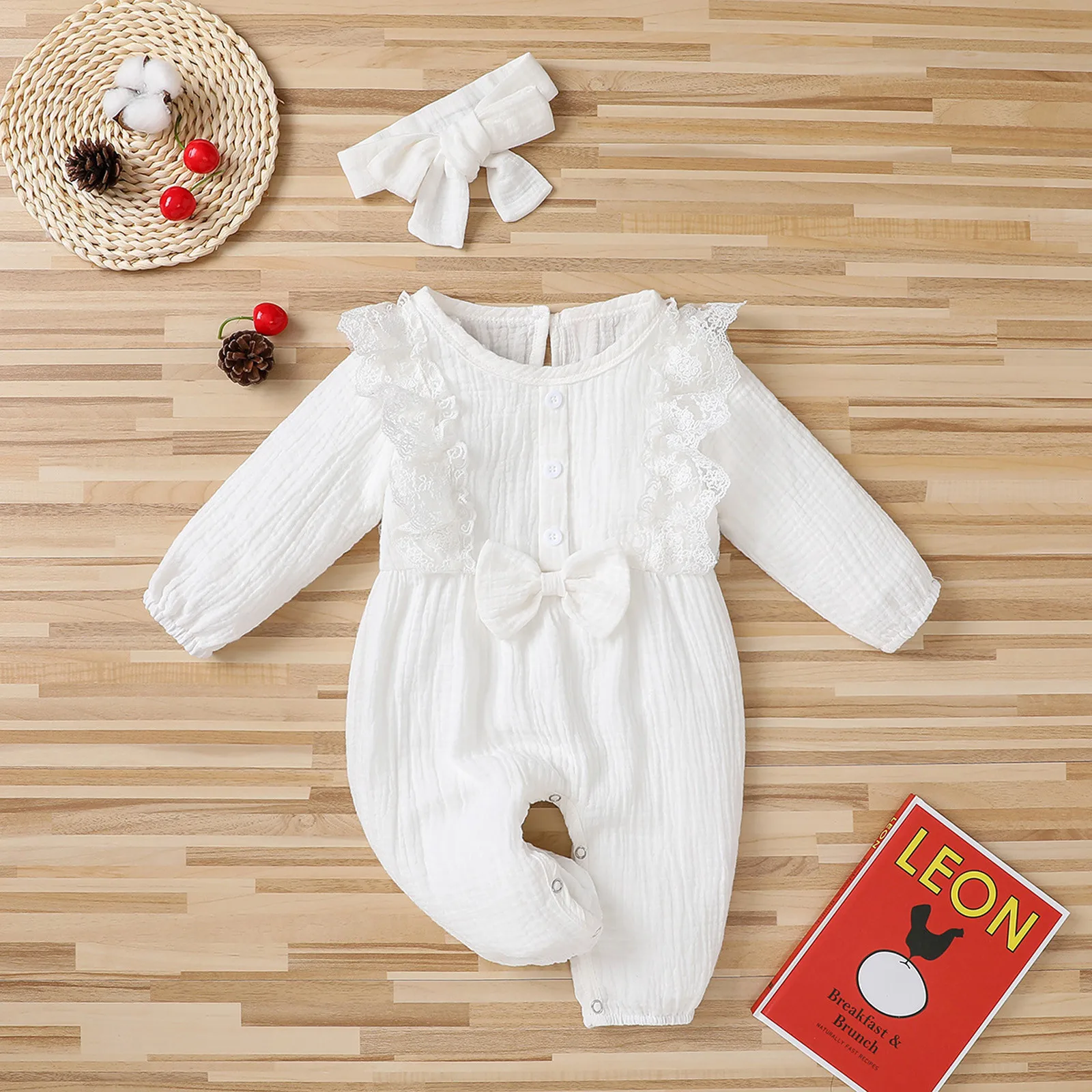 0-18Month Newborn Girls Romper Autumn Cute Bow Warm New Cotton Button Long Sleeve Baby Jumpsuit Pajamas+Butterfly Tie Hair Band