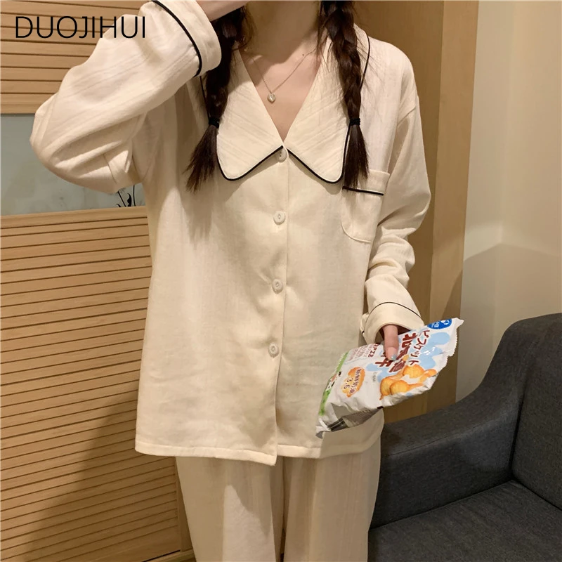 

DUOJIHUI Комплект пижамный женский из двух предметов, базовый Свободный кардиган на пуговицах, простые брюки, модная повседневная домашняя пижама для женщин