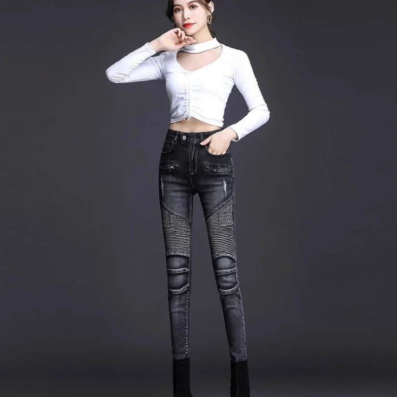 

Trousers Slim Fit High Waist Shot with Pockets Black Women's Jeans Skinny Pants for Woman Spring 90s Aesthetic South Korea Gyaru