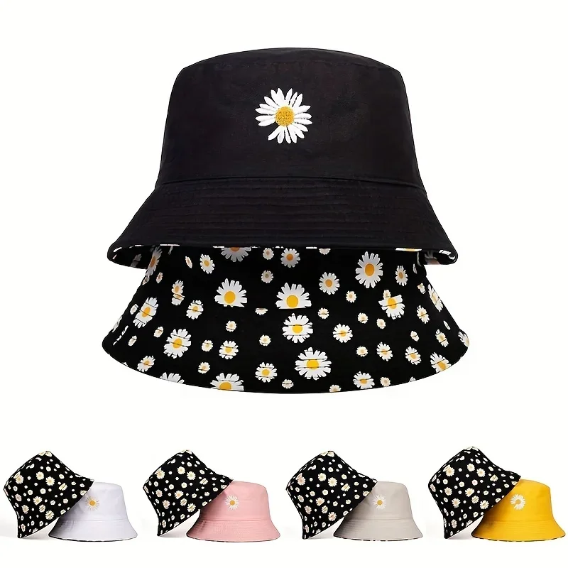 

New 2024 Summer Daisy Double-Sided Bucket Hats Women's Embroidery Hip Hop Panama Folded Beach Sun Fisherman Hat for Ladies