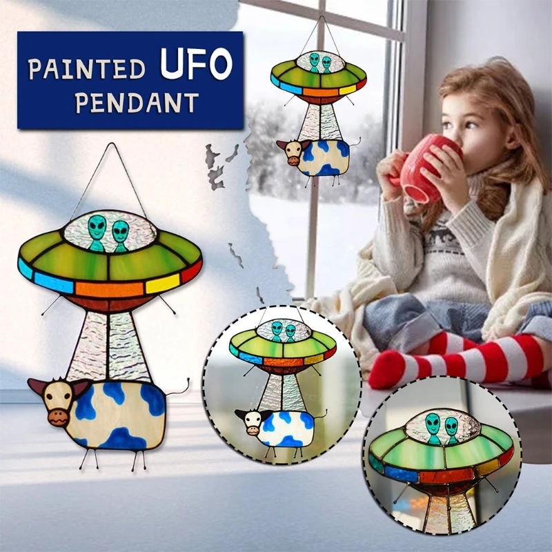 Painted UFO Pendant Cow Stained Glass Suncatcher Window Panel Door Hanging Garden Home Decoration