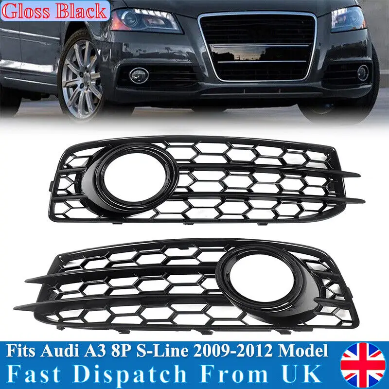 

For 2009-2012 Audi A3 8P S-Line Gloss Black Front Bumper Fog Light Grille Covers