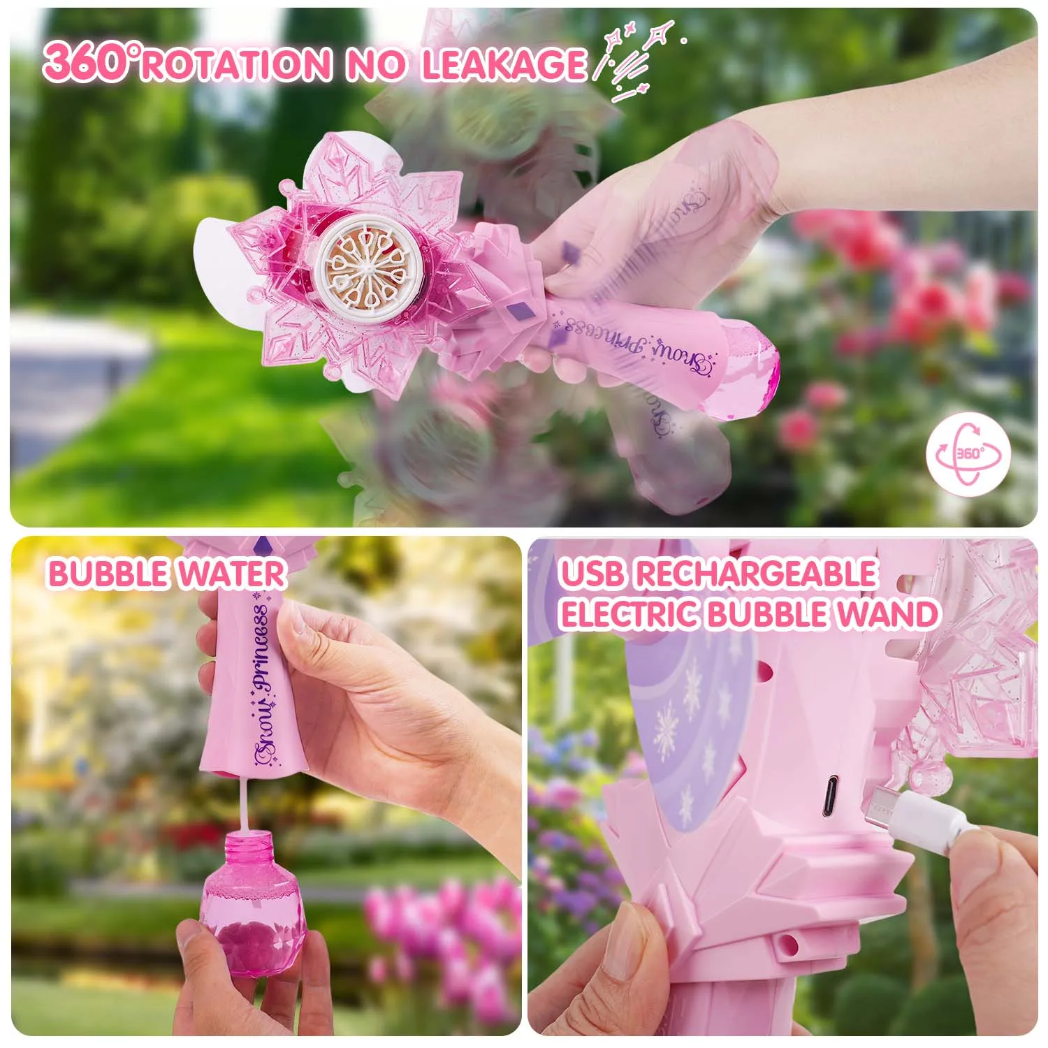 VATOS Recharge Bubble Wand X2 for Kids Girls Boys LED Electric Auto Snowflake Bubble Blower Gun With LED Light Music Outdoor Fun 6