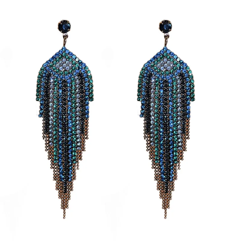 

Blue triangular diamond studded tassel earrings, exaggerated heavy industry earrings fashionable and light luxury style earrings