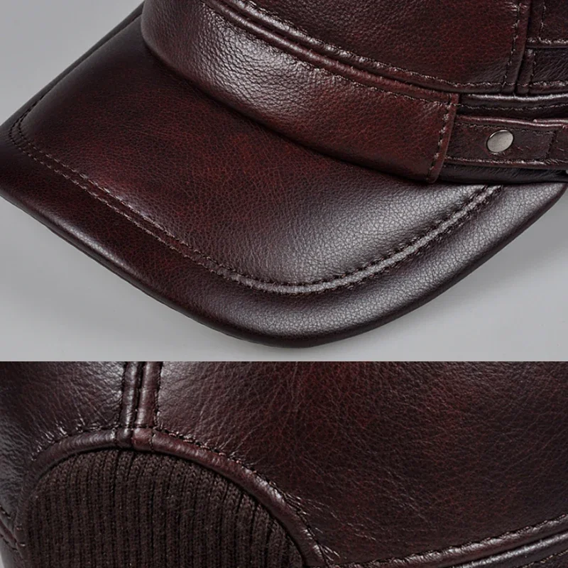 Winter Genuine Leather Cap Men's Flat Caps  Military Hat Elegant Man Baseball Cap British Vintage Cowhide Ear Warm Hat 6