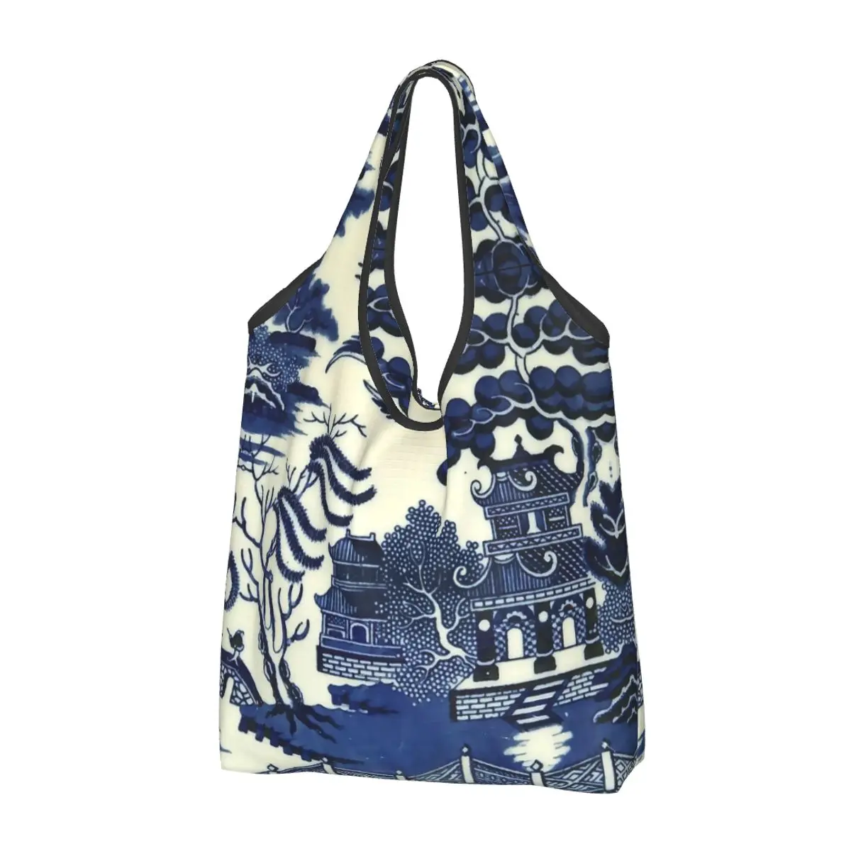 

Antique Willow Ware Oriental Toile Large Reusable Bags Shopping Foldable Blue Delft Grocery Bags Lightweight Gift Tote Bags