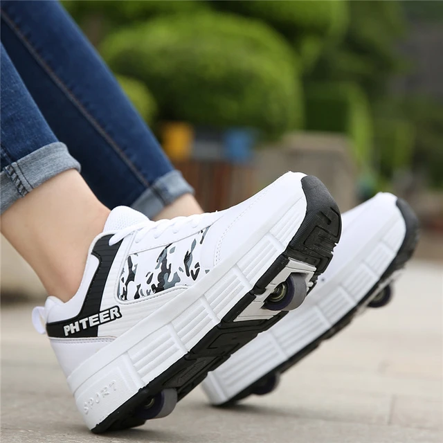 Zapatillas deporte con patines de doble rueda para mujer, zapatos de tacón alto con botones invisibles para caminar, tenis femeninos, 2021 _ - AliExpress Mobile