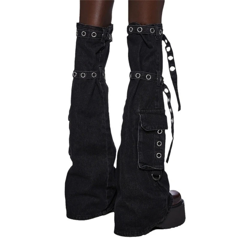 

Женские модные черные гетры с пряжкой, карманные джинсы, расклешенные длинные носки, оптовая продажа