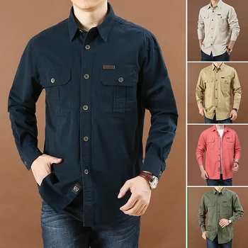 Spring Autumn Denim Men Shirts Long Sleeve 100% Cotton  Outdoor Sports Army Military Casual Shirts Hiking Camping Clothing