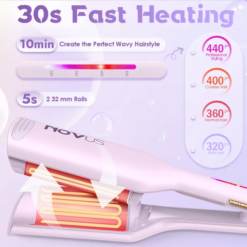 NOVUS 32mm Waver Curling Iron Anti-Scald 6000W Negative Ion Egg Rolls Head Styler 30s Fast Heating 30 Min Auto-off Styling Tools