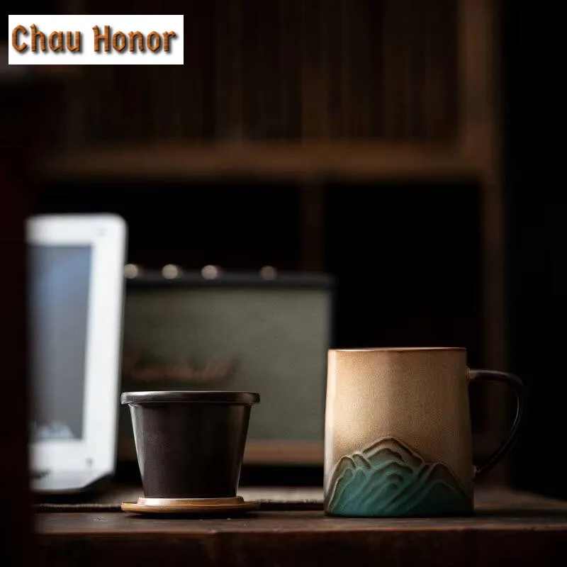 280ml Retro Distant Hills Coarse Pottery Filter Tea Separator Cup Zen Tea Mug with Infuser Tea Brewing Office Water Cup Craft