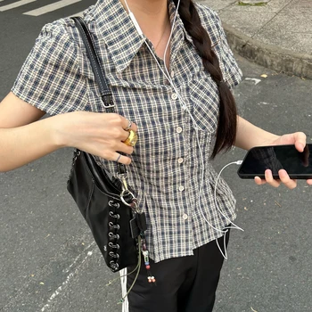 Puloru Classic Plaid Shirts Summer Womens Short Sleeve Collared Button Closure Summer Tops Streetwear Casual Retro T-Shirts 1