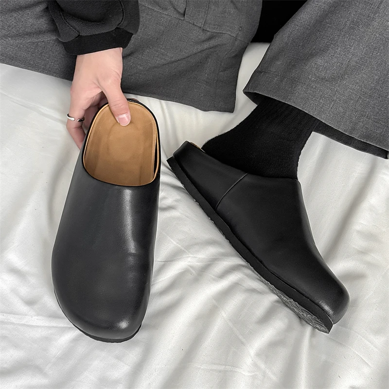 Vintage Half Shoes for Men Backless Loafers Mules Leather Slippers Semi-Drag Casual Shoes Male Slides Man Outdoor Slip On Flats