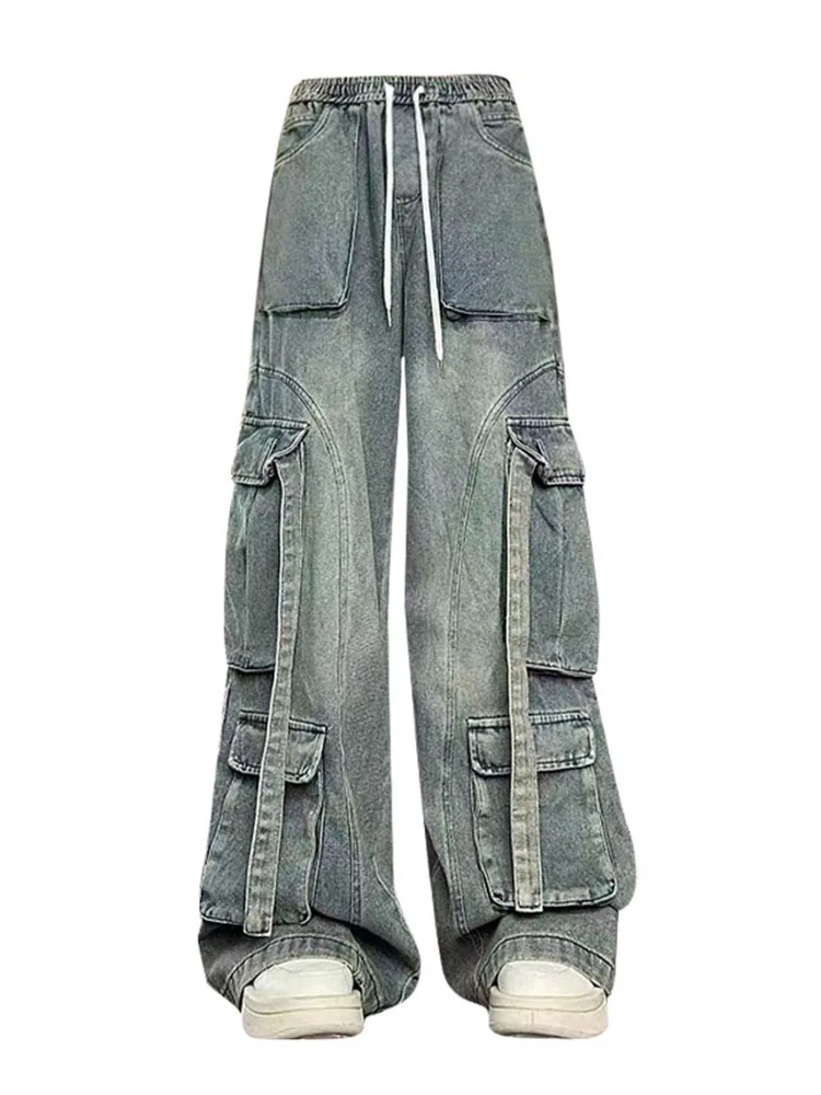 

Женские джинсы с эластичным поясом, японские модные джинсы в стиле 1920-х годов, винтажные мешковатые брюки-карго из денима с широкими штанинами, Y2k, в стиле панк, гранж-шик