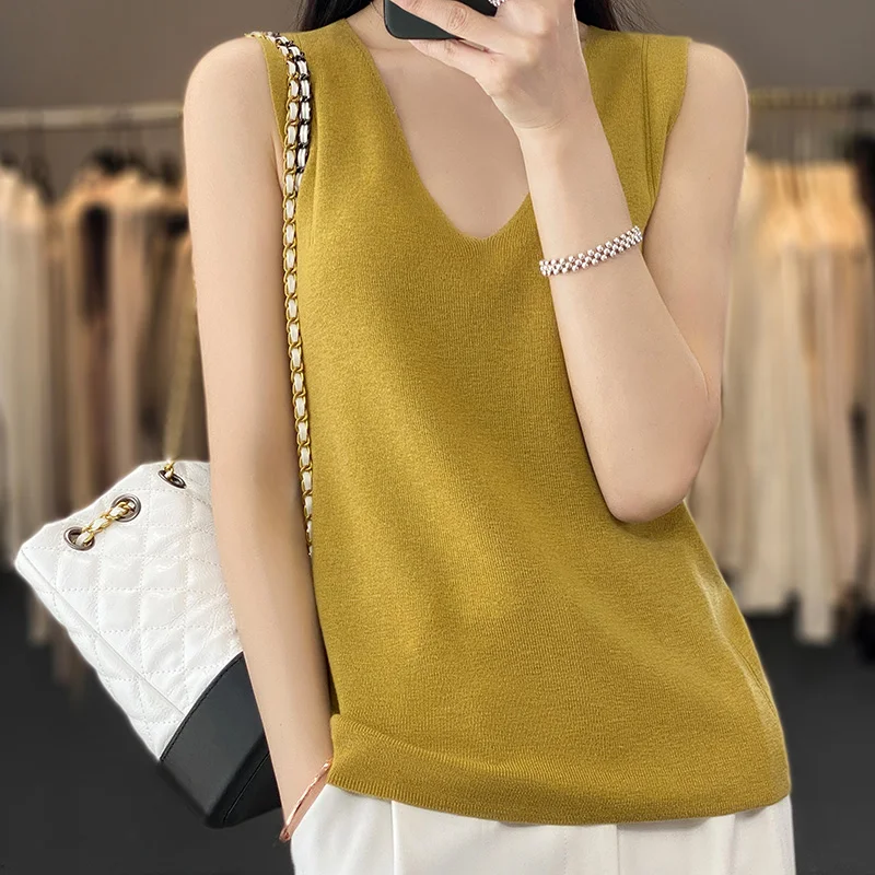 

V-neck Wool Knitted Suspender Tank Top For Women's 2023 Spring and Summer New Style Outerwear with Thin Bottom Shirt