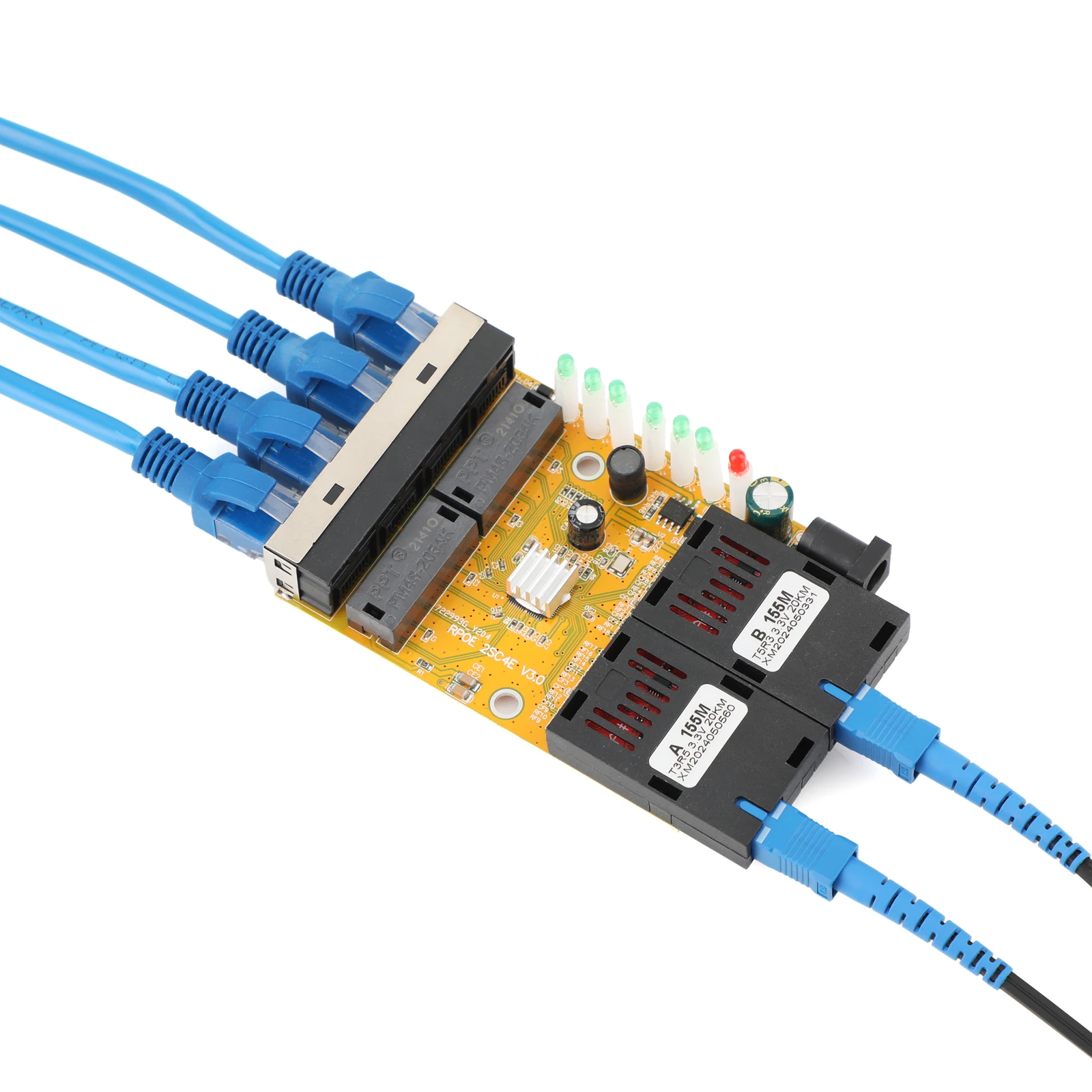 100M Fiber Optic Media Converter 4 RJ45 to 2 SC A+B Optic Connector 1310nm/1550nm Ports PCBA Board 20KM Ethernet Switch Yellow
