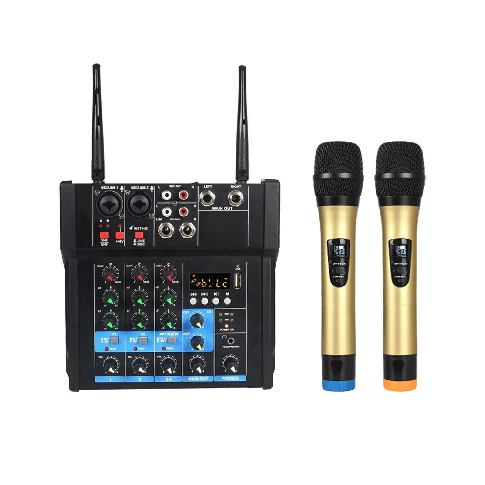 

Audio Mixer with Dual Wireless Microphones DJ Mixer Sound Board Console for DJ Mixing Karaoke KTV Party Recording Live Streaming