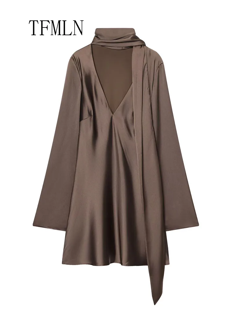 Elegant Women Causal Scarf Collar Dresses 2026 Spring Summer Long Sleeve Chic Date Night Mini Dress Retro Slim Party Dress