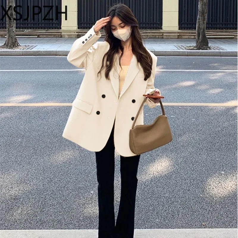 Loose Spring Autumn Blazers Thin Straight Coat Office Lady Button Pockets Business Casual Solid Color Notched Women's Clothing
