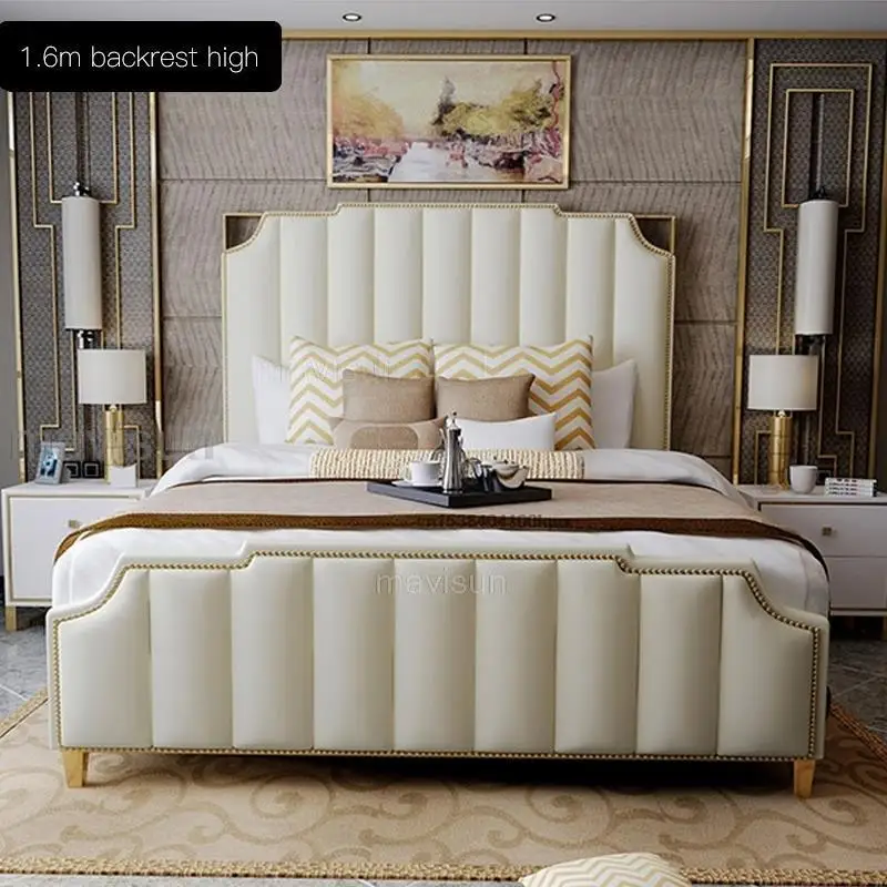 Leather Bed Wooden Bed Light Luxury Double Bed For Bedroom High-end Furniture For Villa With Storage White Leather King Size Bed With 2 Nightstands